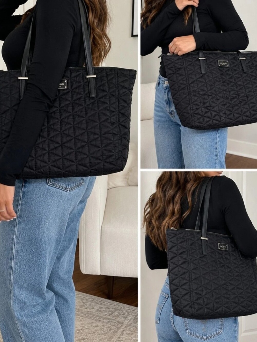 Kate Spade New York Black Quilted Nylon Tote Bag Double Zip Shoulder Handbag
